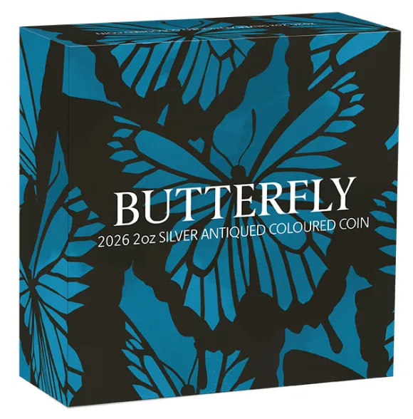 Butterfly 2 Oz Silber Antik-Finish coloriert 2026 + Box + Zertifikat