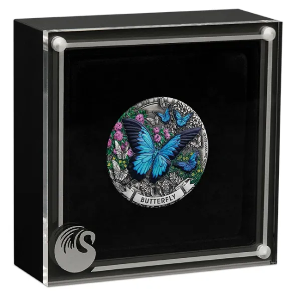 Butterfly 2 Oz Silber Antik-Finish coloriert 2026 + Box + Zertifikat