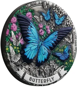 Butterfly 2 Oz Silber Antik-Finish coloriert 2026 + Box + Zertifikat