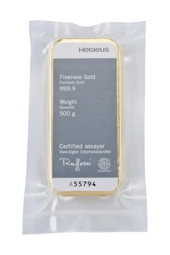 500 Gramm Heraeus Goldbarren gegossen