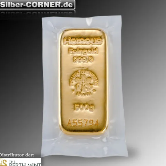 500 Gramm Heraeus Goldbarren gegossen