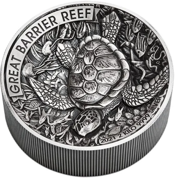 Great Barrier Reef 2 KG Silber Antik Finish 2021 +Box +COA*