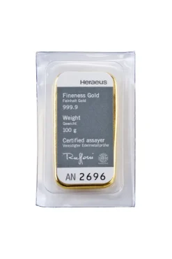 Heraeus 100 Gramm Goldbarren gegossen