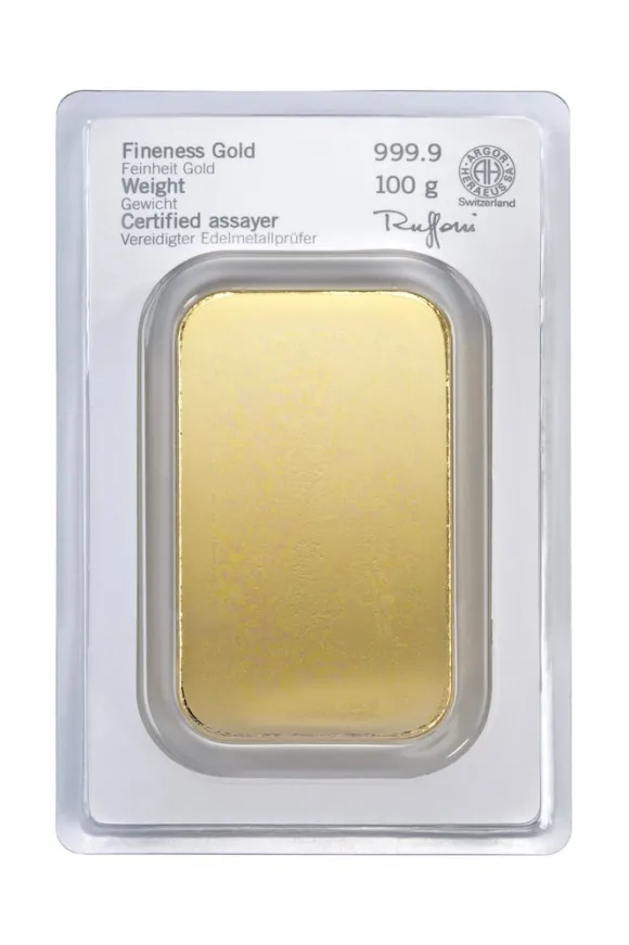 Heraeus 100 Gramm Goldbarren geprägt