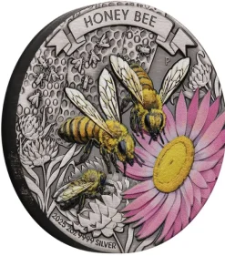 Honey Bee - 2 Oz Silber Antik Finish 2025 +Box +COA