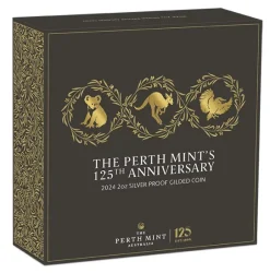 125 Jahre Perth Mint 2 Unzen Silber Proof vergoldet + Box +COA