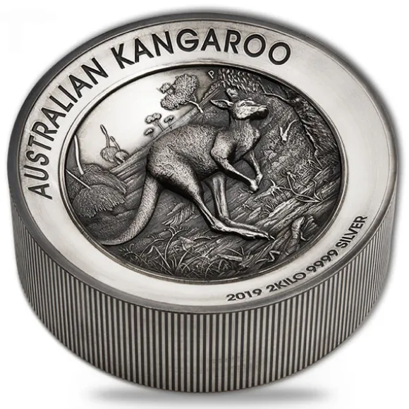 Känguru 2 KG Silber - High Relief - Antik Finish +Box 2019*