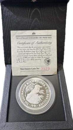Kookaburra 2 Oz Silber Proof 1991 +Box +COA*