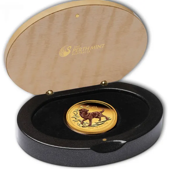 Lunar II - Hund - 1 Oz Gold Proof - farbig - Box + COA