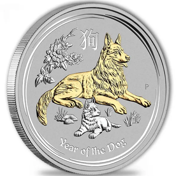 Lunar II - Hund - 1 Oz Silber gilded 2018 + Box + CEO*