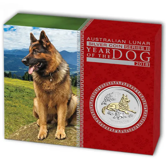 Lunar II - Hund - 1 Oz Silber gilded 2018 + Box + CEO*