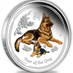 Lunar II - Hund - 2 Oz Silber Proof farbig + Box + COA (ohne Umverpackung)*