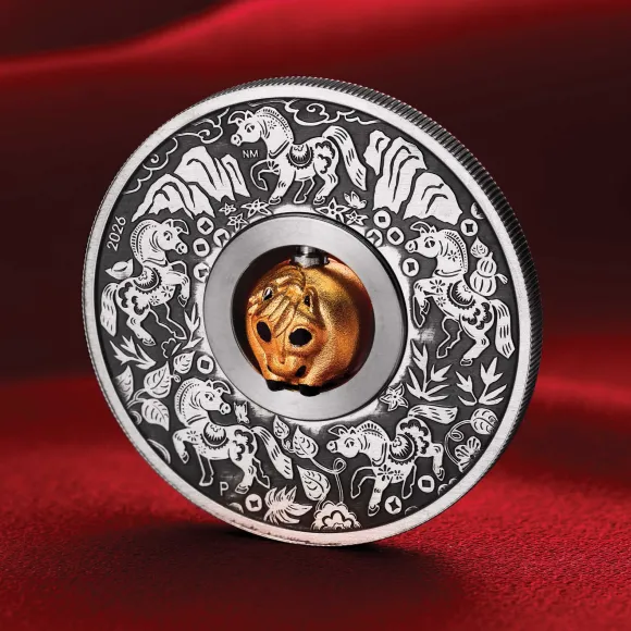 Lunar Pferd Rotating Charm 1 Oz Silber Antik 2026 + Box + COA