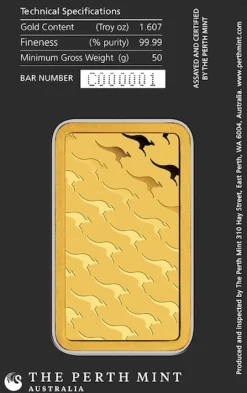 Perth Mint 50 Gramm Goldbarren - Känguru -