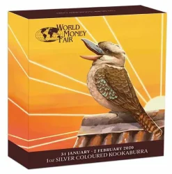 World Money Fair Kookaburra 1 Unze Silber farbig 2020 +Box +COA*
