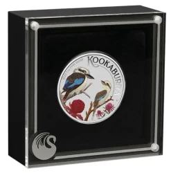World Money Fair Special - Kookaburra 1 Oz Silber farbig 2023 +Box +COA*