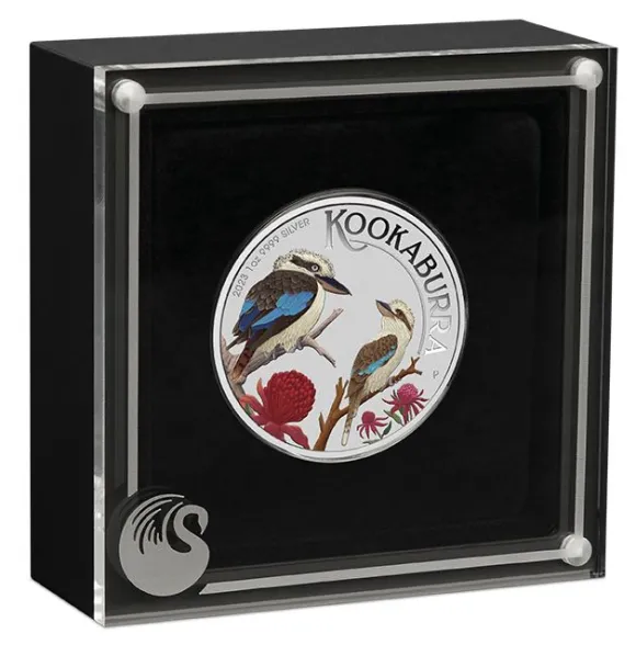 World Money Fair Special - Kookaburra 1 Oz Silber farbig 2023 +Box +COA*