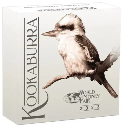 World Money Fair Special - Kookaburra 1 Oz Silber farbig 2023 +Box +COA*