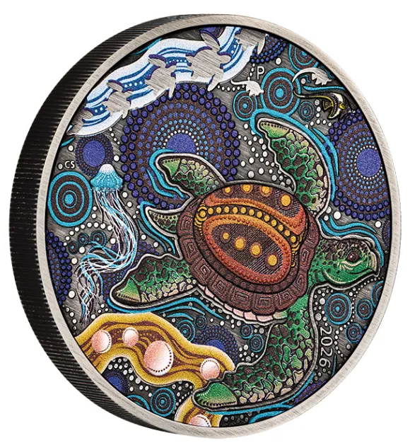 Yaunati Turtle 2 Oz Silber Antik-Finish coloriert 2026 + Box + Zertifikat